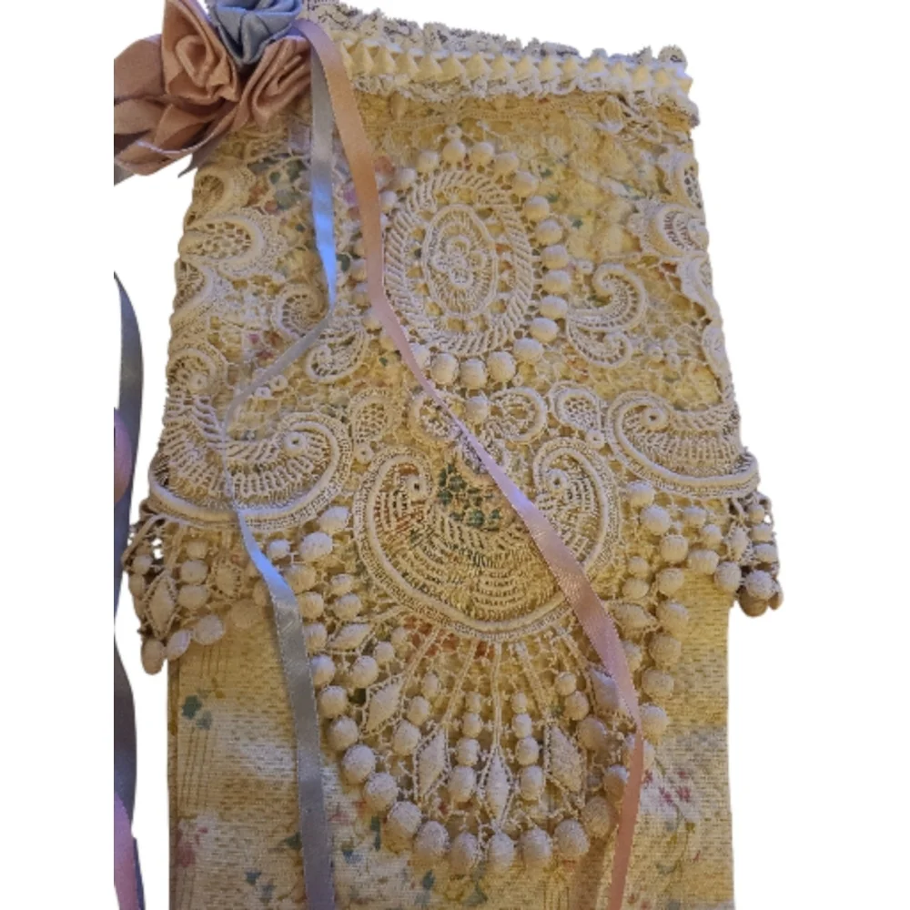 Handcrafted Christmas Stocking Antique Lace Over Floral Cotton Satin Rosettes - Picture 2 of 10